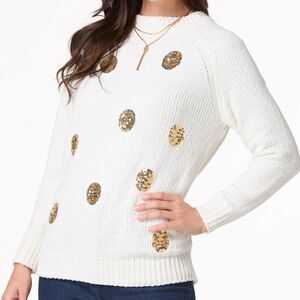 Size 22/24W White Long Sleeve Women’s Chenille Sweater Gold Sequined Accents